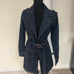 Vintage 90’s Jou Jou Women's Denim Trench Coat with Jeweled Buttons